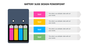 Slide featuring a battery design with four vibrant battery sections and text boxes beneath each section.