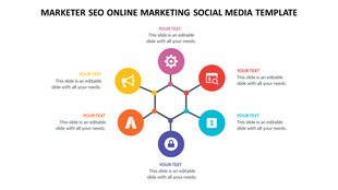 Hexagonal network infographic showing six icons for SEO, advertising, social media, and online marketing elements.
