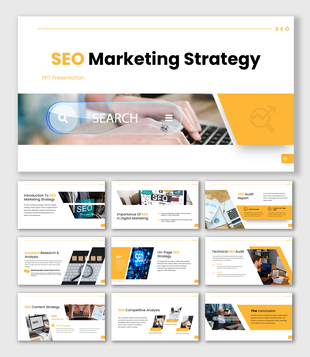 SEO Marketing Strategy PPT Presentation showing search UI, keyword analysis, on-page SEO, audit, and results tracking.
