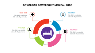 Colorful circular diagram with a bed icon in center, surrounded by medical icons and text boxes linked by lines.