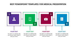Medical PPT slide with colorful sections for a doctor, mobile health, first aid kit, and medical document on a white theme.