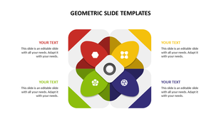 Geometric slide with four petal shaped elements in red, yellow, green, and blue, each containing a white icon, and text.