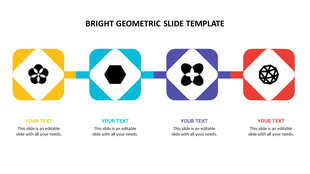 Bright geometric PPT slide featuring four diamond shaped icons, each representing a symbol in yellow, blue, purple, and red.