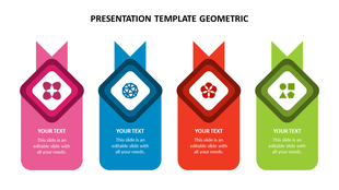 Colorful geometric layout showing four vertical columns with icons in diamond frames and caption text beneath.