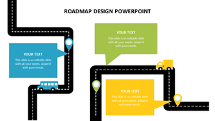 Curved roadmap graphic with three colored location pins and speech bubble text boxes, featuring bus and truck icons.