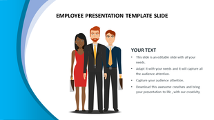Illustration of three business professionals employee on a white background with blue accents.