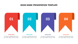 Slide with four vertical bookmark shaped banners numbered 01 to 04 in red, blue, purple, and orange.