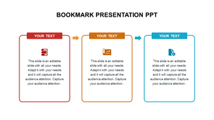 Three bookmark-shaped boxes in red, orange, and blue, each with an icon and placeholder text, connected by arrows.