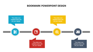 Bookmark layout with icons inside circles along a timeline, connected to editable text boxes in blue, red, yellow, and navy.