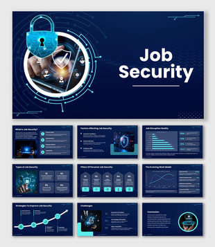 job security slides, blue theme, lock shield icon, charts, tech visuals, shapes, and clean structured text boxes.