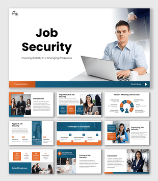 Job Security PPT Download with blue orange theme, office visuals, icons, and geometric shapes layout design.