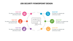 Circular infographic with six colored icons surrounding a central graphic of a computer screen and magnifying glass.