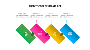 Creative credit score template with colorful tags and icons, showcasing credit-related concepts with placeholders text areas.