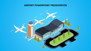 Isometric illustration of an airport featuring a terminal building, control tower, airplanes, and surrounding landscape.