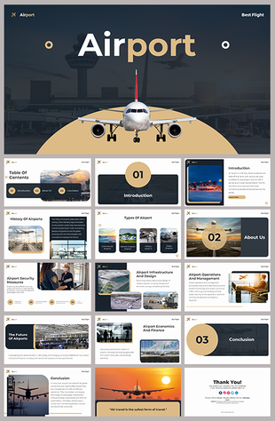 Airport themed slide deck with images of airplanes, icons, and various sections like introduction, history, and conclusion.