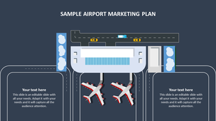 Airport layout marketing design from a top-down perspective, showing planes, terminals, and roads, with placeholder text.