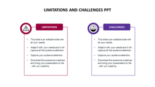 Two side by side rectangular boxes in red and purple, each featuring icons at the top and bullet points inside.