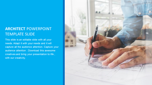 Architect PPT slide features a close up of a person drawing architectural plans with a pen on a blue theme with text.