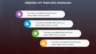 Onboarding slide featuring four caption boxes with colorful icons in purple, blue, green, and orange, on a gradient backdrop.