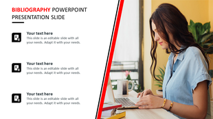 A stylish bibliography slide design featuring space for text alongside a woman working on a laptop.