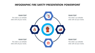 Fire safety diagram with hydrant icon, surrounded by four hexagonal icons representing fire safety tools and equipment.