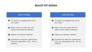 Bullet point slide design with two text boxes featuring blue headers and list style format.