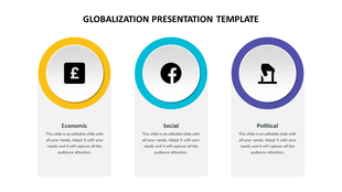Globalization slide with three vertical cards with circular icons, colored in yellow, blue, and purple, and text underneath.