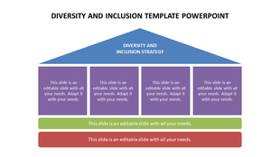 Slide showcasing diversity and inclusion strategy, with a triangular header and four purple sections in green and red.