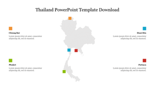 Central grey Thailand map with orange, green, blue, and red squares indicating locations of key cities and text.