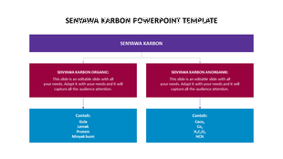 Slide showing a top purple box splitting into two red boxes for organic and inorganic compounds, followed by blue examples.