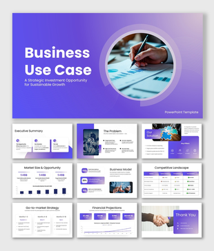 Business use case PPT with purple gradient design, charts, tables, and clear layouts for strategy and growth insights.