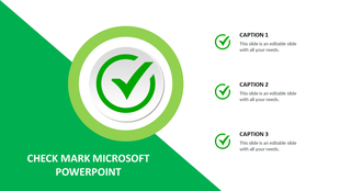 Checkmark-themed slide with a large green check symbol in the center and three caption areas to the right.