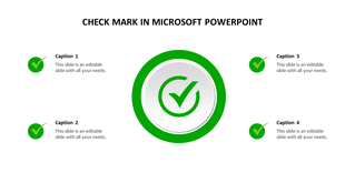 Infographic featuring a bold green circular check mark in the center, with four supporting text areas around it.