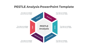 PESTLE analysis template with a central hexagon and six labeled segments in red, blue, teal, purple, and maroon shades.