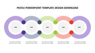 PESTLE analysis template with five interconnected circular segments in purple, blue, green, red, and lavender, with text.