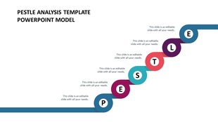 Slide featuring a curved, stepwise PESTLE analysis diagram, highlighting six factors with placeholder text.