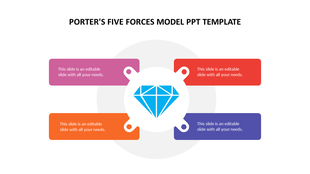 Colorful Porters five forces model diagram PowerPoint slide with a diamond shape in the center with placeholder text.
