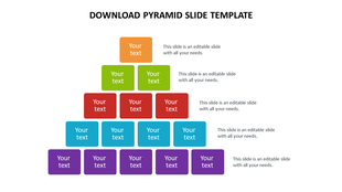 Colorful pyramid diagram with stacked blocks in orange, green, red, blue, and purple, each labeled with text.