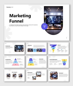 Marketing funnel template slides illustrating awareness, interest, consideration, conversion, optimization, and performance.