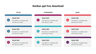 Kanban workflow template with three columns, each containing tasks marked with check and cross icons for progress tracking.