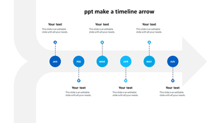 Horizontal timeline with a gray arrow featuring six blue circles labeled from January to June, connected to text boxes.