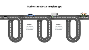 Winding business roadmap with three looped pathways, featuring vehicles traveling, with two text placeholders below.