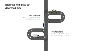 Roadmap PowerPoint slide featuring vehicles and road segments with placeholder text on a white backdrop.