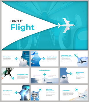 Modern airplane graphic next to the phrase future of flight slide deck with a blue-toned cabin interior in the background.