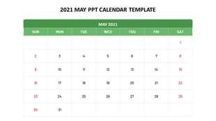 May 2021 calendar slide with days organized in rows, featuring a green header and red highlights for weekends.