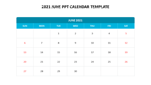 June 2021 calendar with a blue title bar and red marked weekends for easy reference, on a white backdrop.