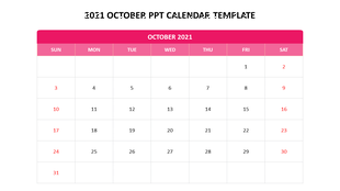 Monthly calendar template showing October 2021 with white background, pink highlights, and weekend dates in red.