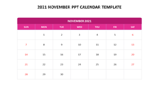 November 2021 calendar template with a pink header, and sundays and saturdays highlighted in red.