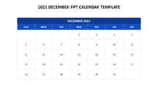 Blue and white PowerPoint slide featuring a 2021 December calendar with highlighted dates on a white backdrop.