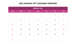 PowerPoint calendar template for January 2021 featuring a purple header and organized date grid.